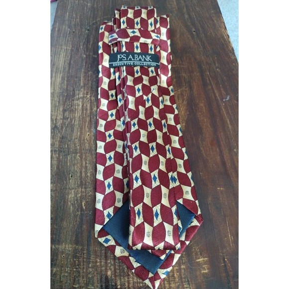 Jos.A.Bank 100% Silk Necktie Geometric Formal Print Red Gold Blue - Picture 3 of 12